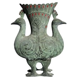 Antique Vintage Chinese Bronze Ware Carving Fengshui Phoenix Wine Zun Pot Flagon